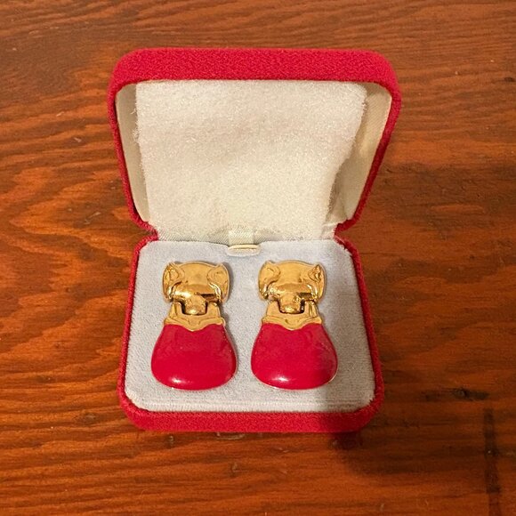 Vintage Monet Gold Tone Red Enamel Earrings - Picture 1 of 7